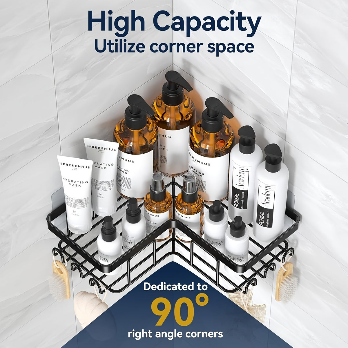 3er-Pack schwarzes Duschregal zur Wandmontage mit 8 Haken, Eck-Dusch-Organizer, Seifenhalter, für Badezimmer, Küche, Arbeitsplatte