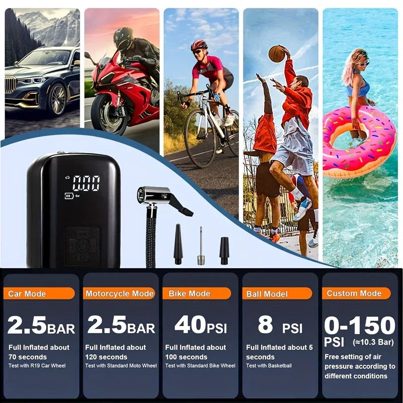 Portable Wireless Air Compressor – Rechargeable Handheld Tire Inflator with LED Light & Digital Display