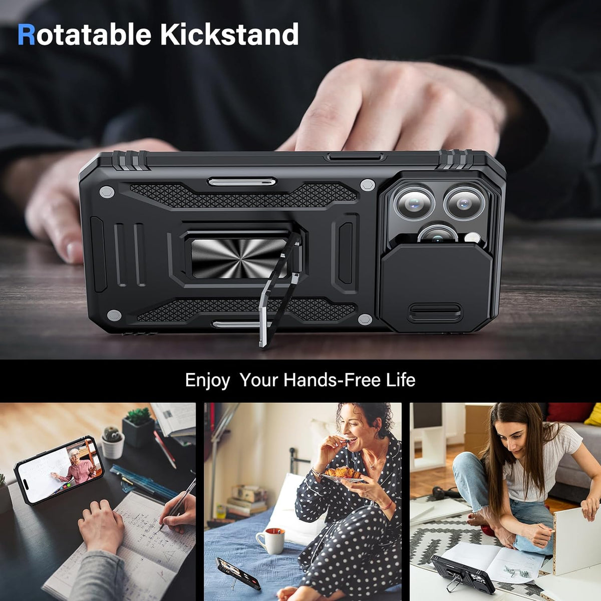 Military-Grade Shockproof iPhone Case with Camera Slide & Finger Ring For iPhone XS To 15/Pro/Max Series | Mobile Cases|