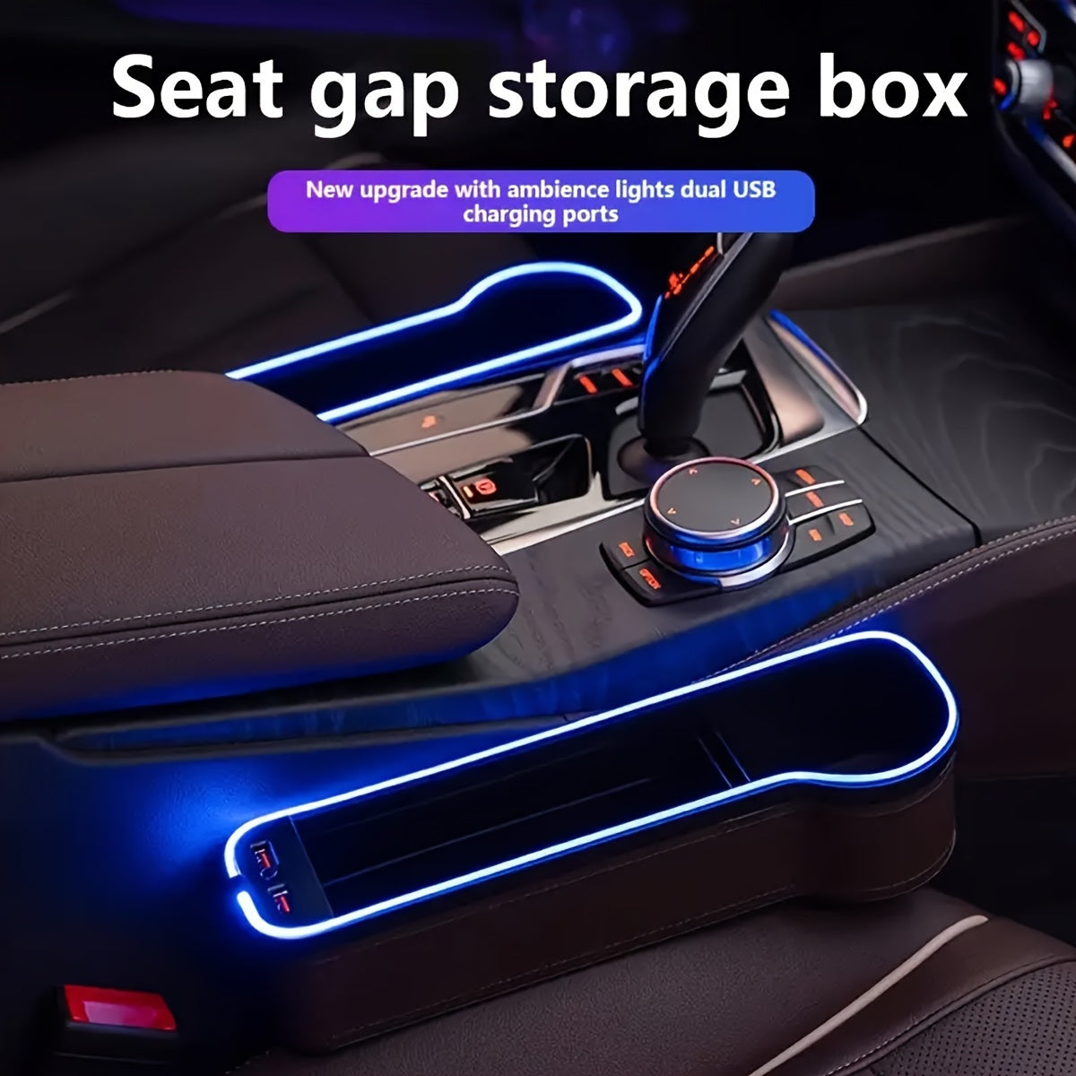 Car Seat Gap Organizer with LED Ambient Lighting - PU Leather Console Side Pocket with Dual USB Charging Ports, Universal Fit Storage Box for Vehicle