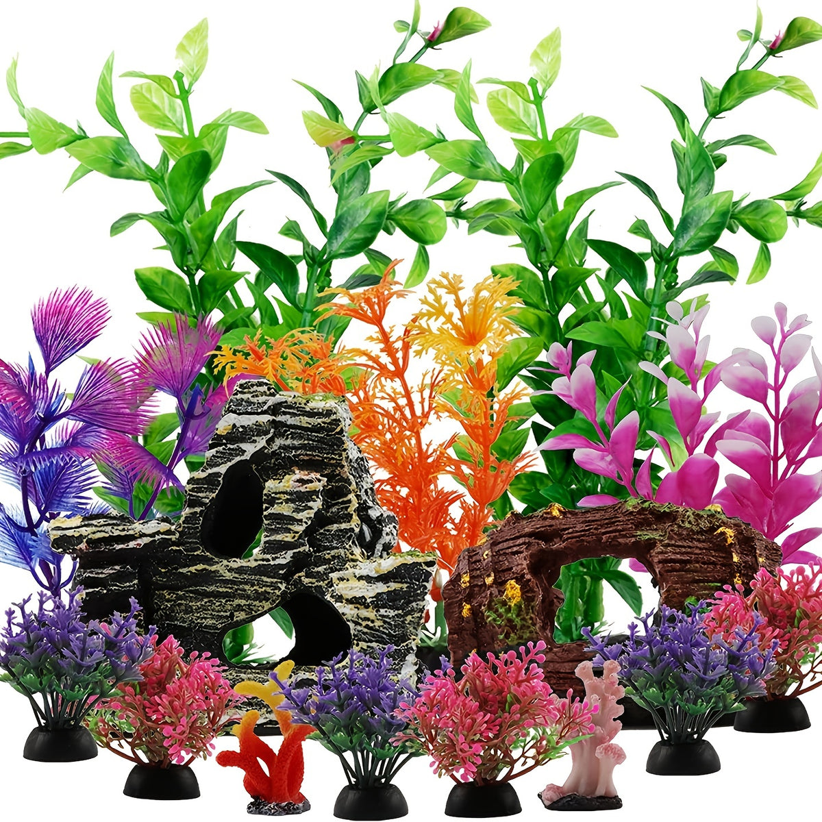 15pcs Aquarium Decoration Set – Resin Broken Barrel, Cave Rock & Plastic Plants