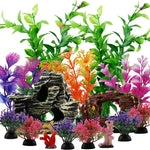 15pcs Aquarium Decoration Set – Resin Broken Barrel, Cave Rock & Plastic Plants