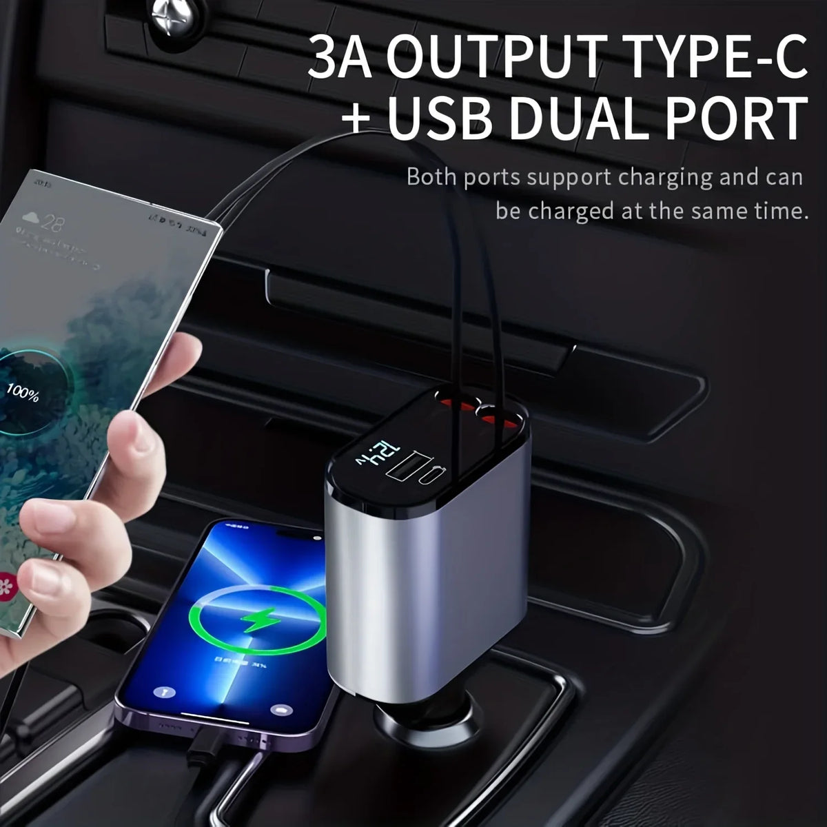Car Charger 4 In 1 With Dual Retractable Cable Dual Port & Voltage Display | Car Accessories | - Shoppix