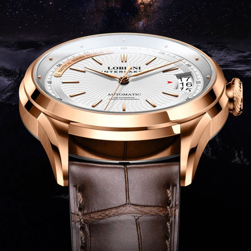LOBINNI Men's Sapphire Crystal Fashion Watch - Automatic Mechanical Movement, Stainless Steel Case, Brown Faux Leather Strap, Water-Resistant, Date Display