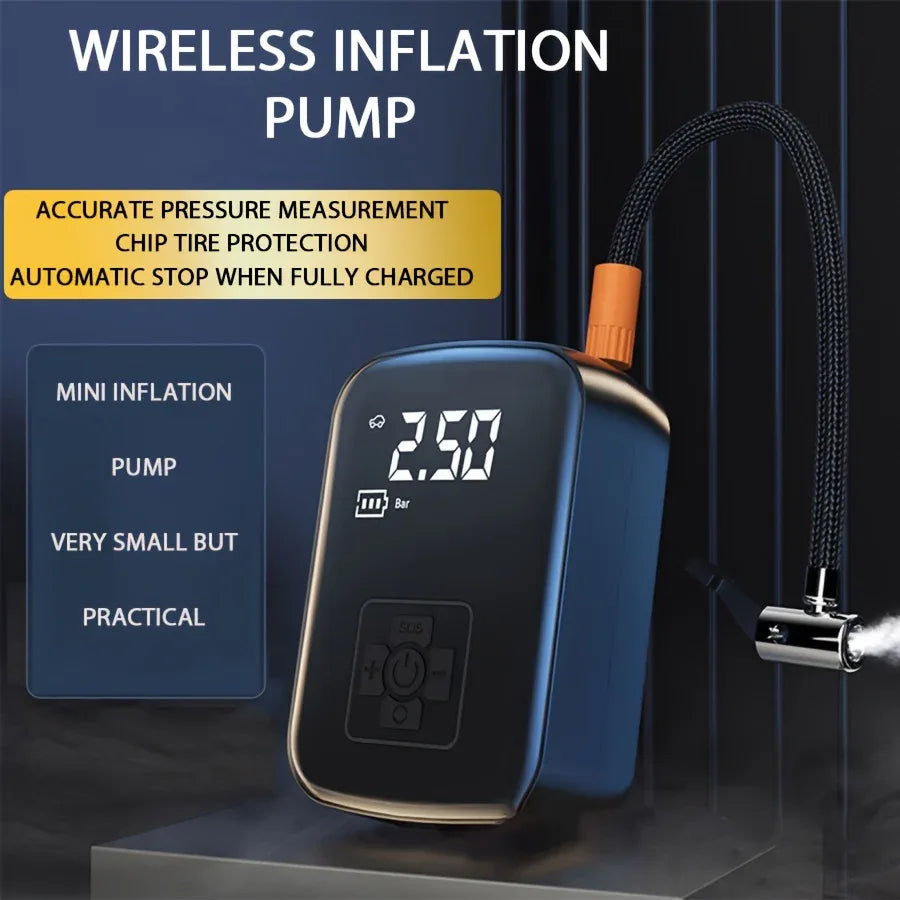 Portable Wireless Air Compressor – Rechargeable Handheld Tire Inflator with LED Light & Digital Display