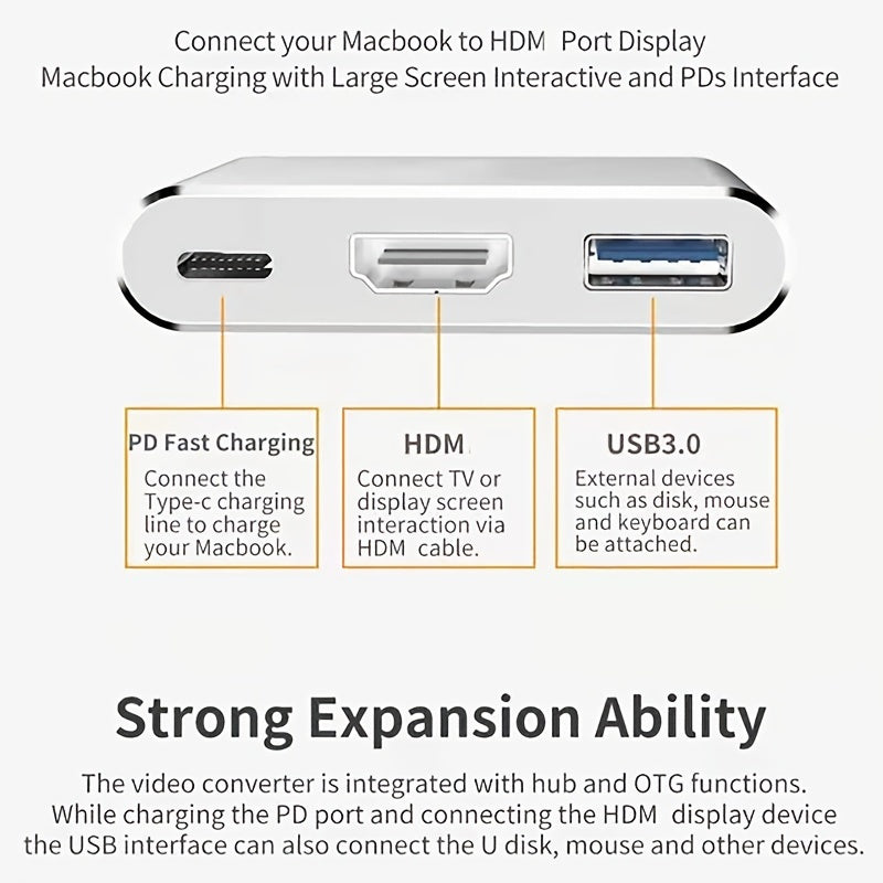 Améliorez votre connectivité avec l'adaptateur de charge USB 3.1 3 en 1 Type-C vers HDMI 4K compatible !