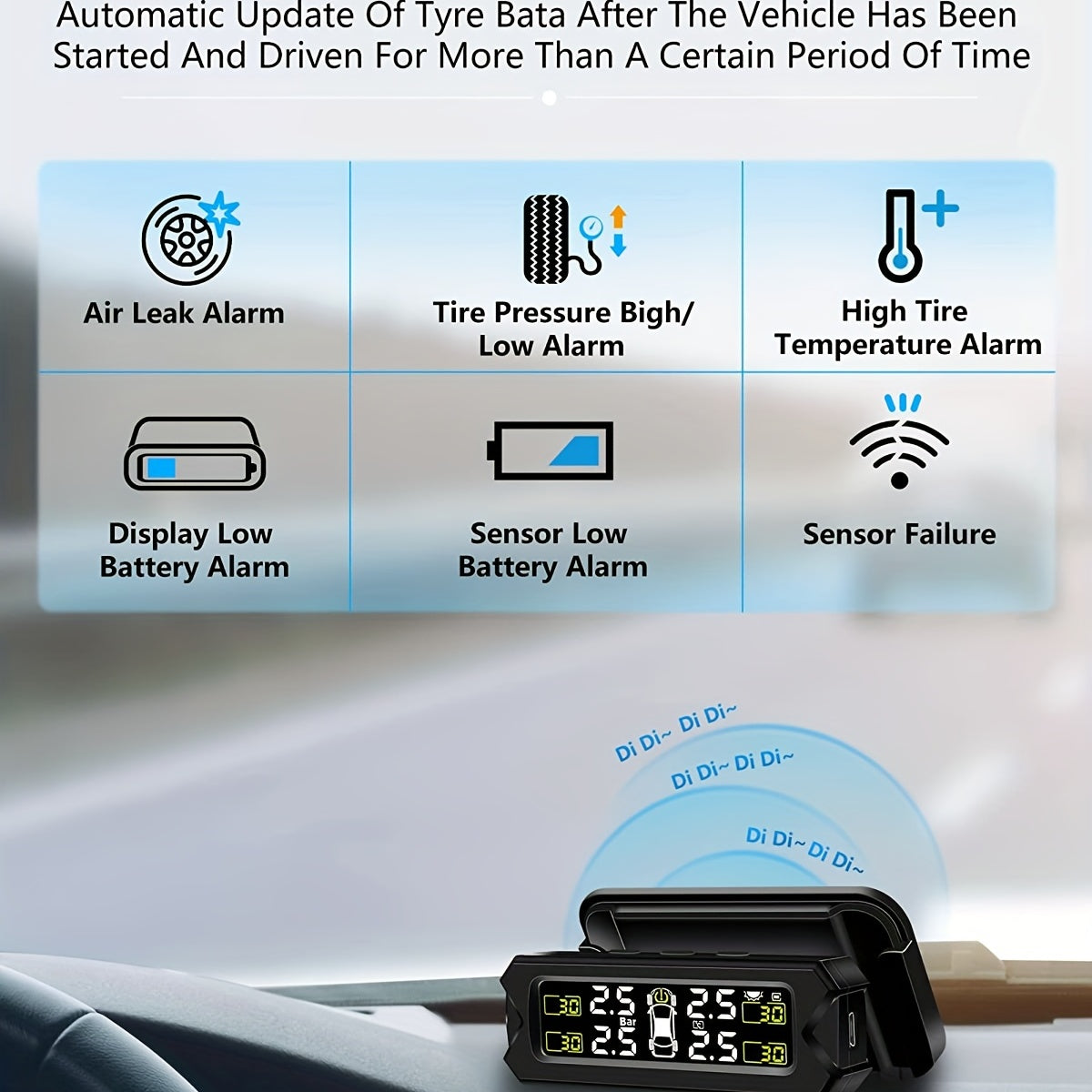Solar-Powered Tire Pressure Monitoring System (TPMS) with Wireless External Sensor Kit | Car Accessories | - Shoppix
