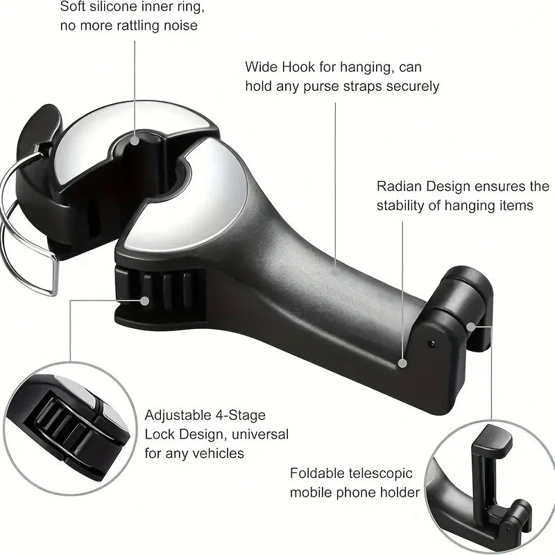 Car Seat Hidden Hook with Rear Cell Phone Holder | Car Accessories | - Shoppix