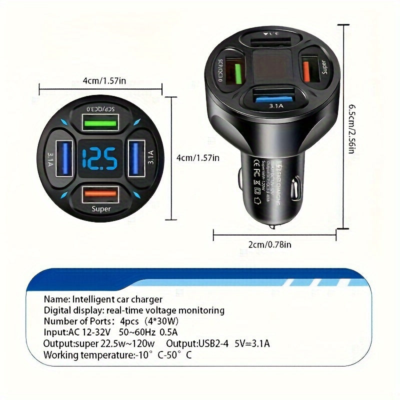 High-Speed 120W 4-in-1 Car Charger with Digital Display | Car Accessories | - Shoppix