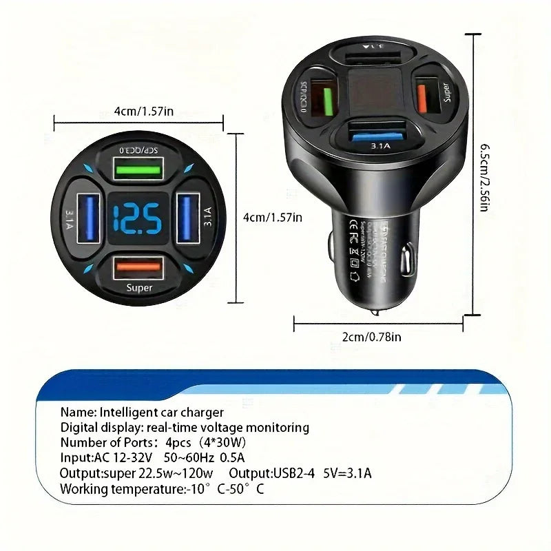 High-Speed 120W 4-in-1 Car Charger with Digital Display | Car Accessories | - Shoppix