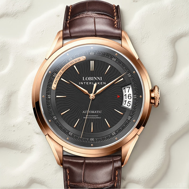 LOBINNI Men's Sapphire Crystal Fashion Watch - Automatic Mechanical Movement, Stainless Steel Case, Brown Faux Leather Strap, Water-Resistant, Date Display