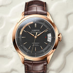 LOBINNI Men's Sapphire Crystal Fashion Watch - Automatic Mechanical Movement, Stainless Steel Case, Brown Faux Leather Strap, Water-Resistant, Date Display