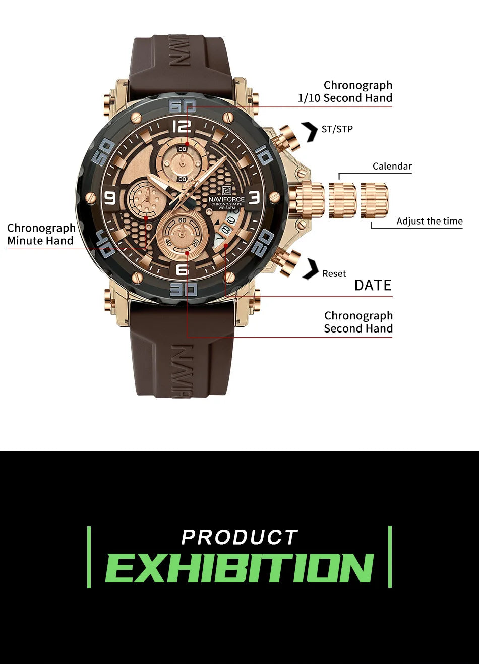 NAVIFORCE for Men Silicone Strap Luxury Fashion Quartz Watches Wrist watch Sports Chronograph 5TM Waterproof Male Watches GIfts