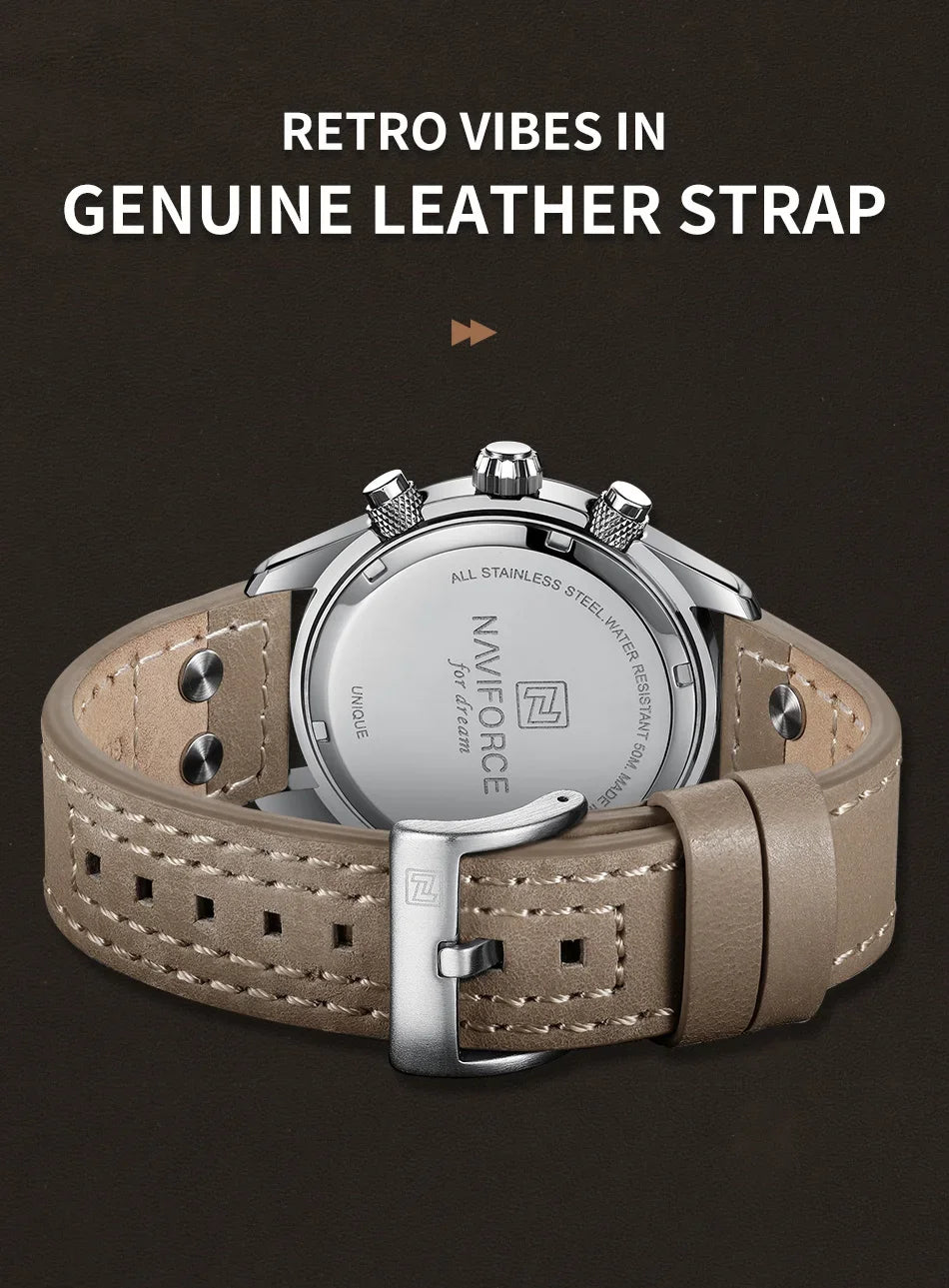 NAVIFORCE Luxury Watches for Men Eco-Drive Movement Casual Genuine Leather Strap 5ATM Waterproof Luminous Wristwatches Gift 2025