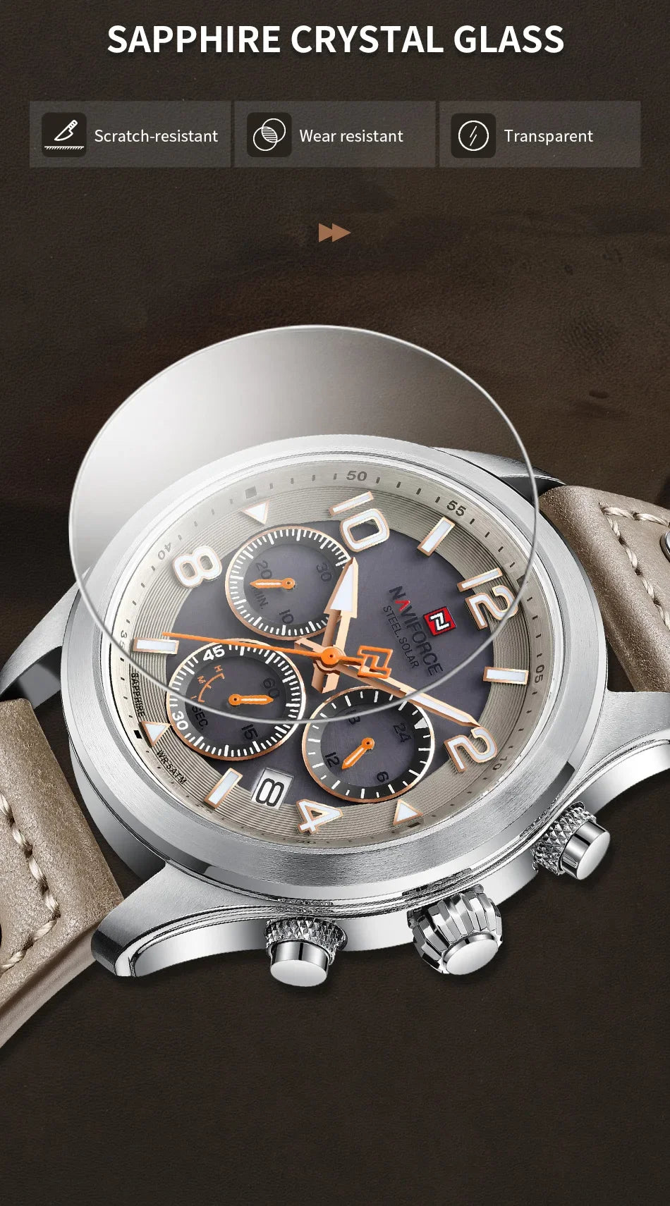 NAVIFORCE Luxury Watches for Men Eco-Drive Movement Casual Genuine Leather Strap 5ATM Waterproof Luminous Wristwatches Gift 2025