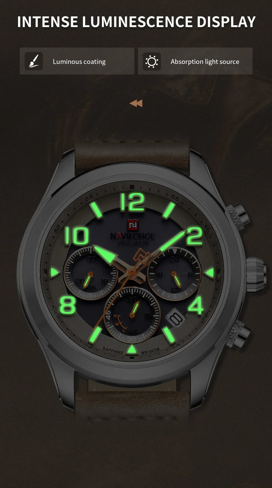 NAVIFORCE Luxury Watches for Men Eco-Drive Movement Casual Genuine Leather Strap 5ATM Waterproof Luminous Wristwatches Gift 2025