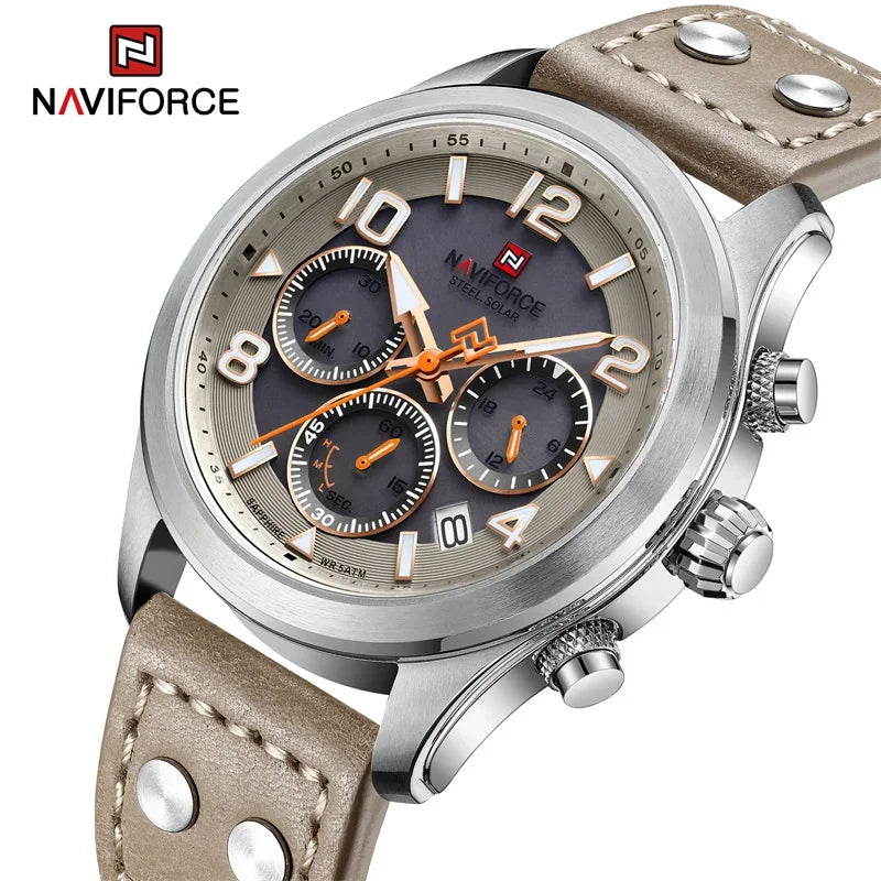 NAVIFORCE Luxury Watches for Men Eco-Drive Movement Casual Genuine Leather Strap 5ATM Waterproof Luminous Wristwatches Gift 2025