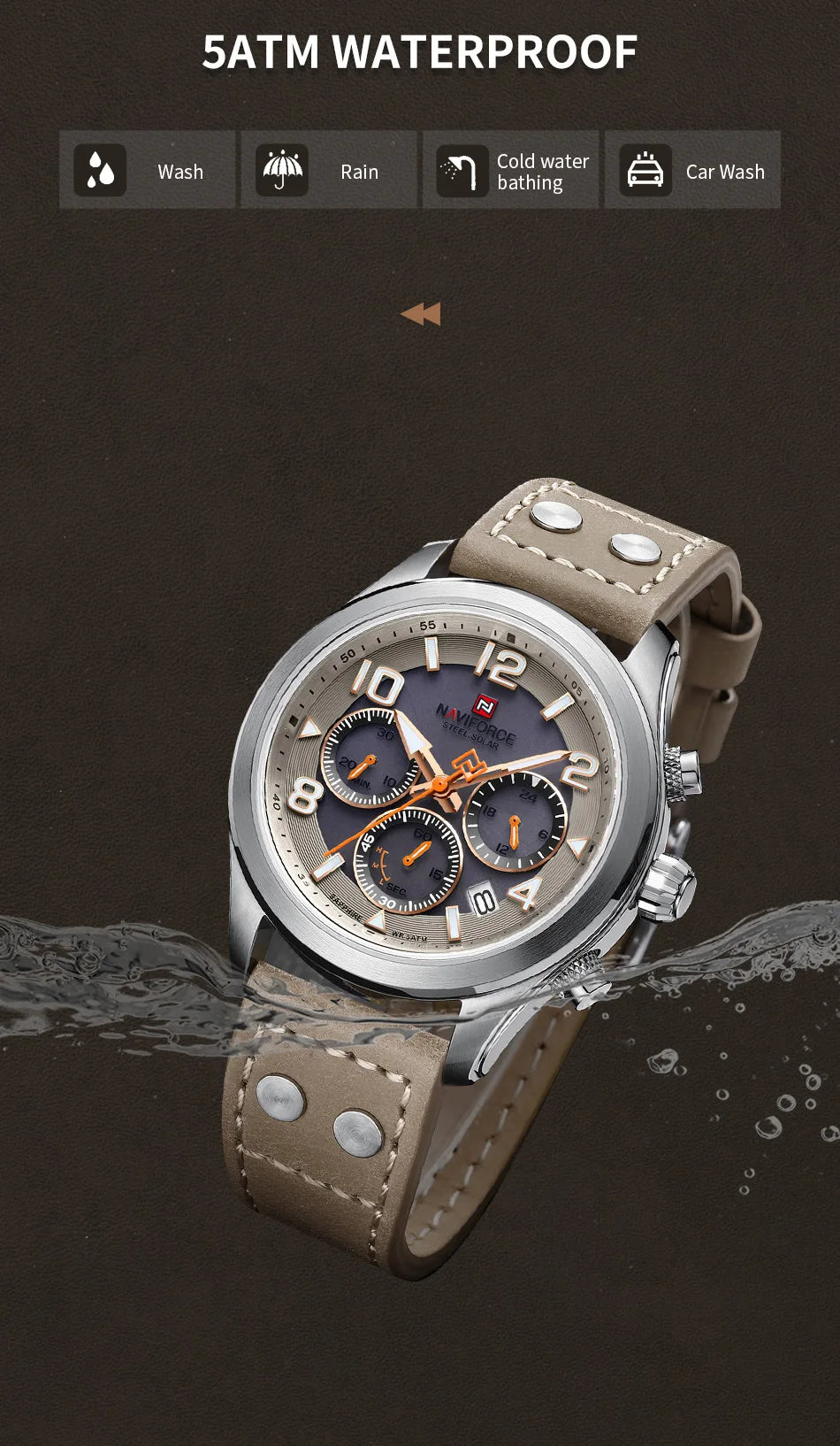 NAVIFORCE Luxury Watches for Men Eco-Drive Movement Casual Genuine Leather Strap 5ATM Waterproof Luminous Wristwatches Gift 2025