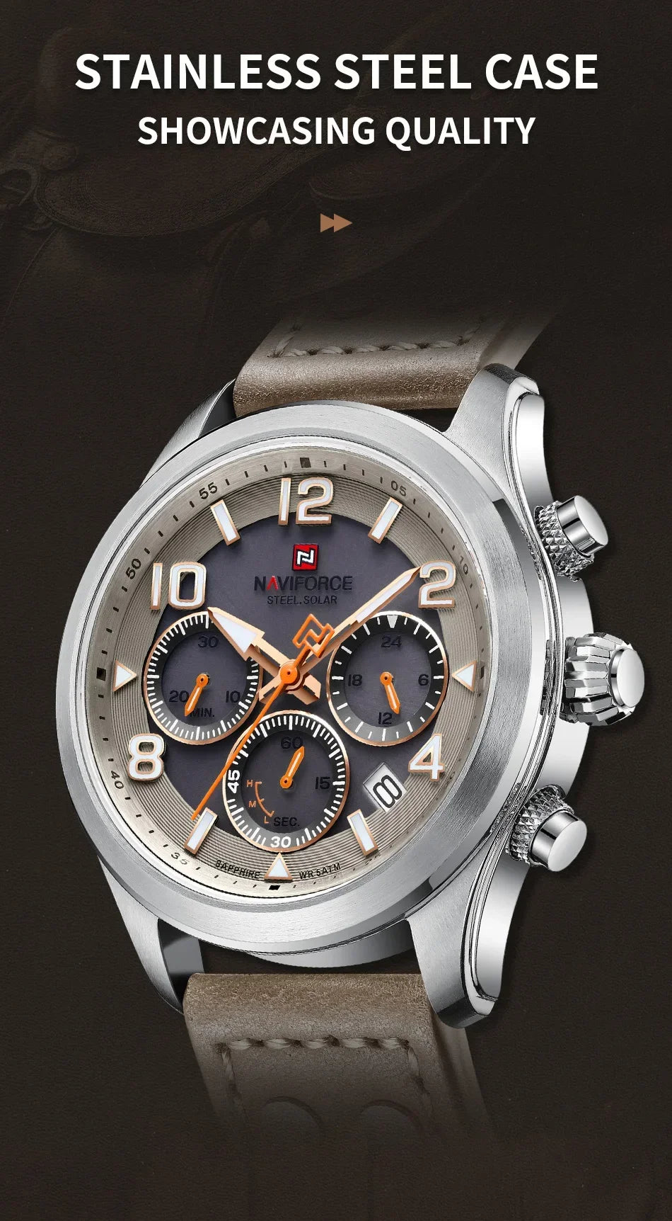 NAVIFORCE Luxury Watches for Men Eco-Drive Movement Casual Genuine Leather Strap 5ATM Waterproof Luminous Wristwatches Gift 2025