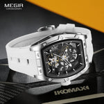 MEGIR Men's Automatic Mechanical Watch with Stainless Steel Case Silicone Band Skeleton Dial Waterproof Sport Wristwatch