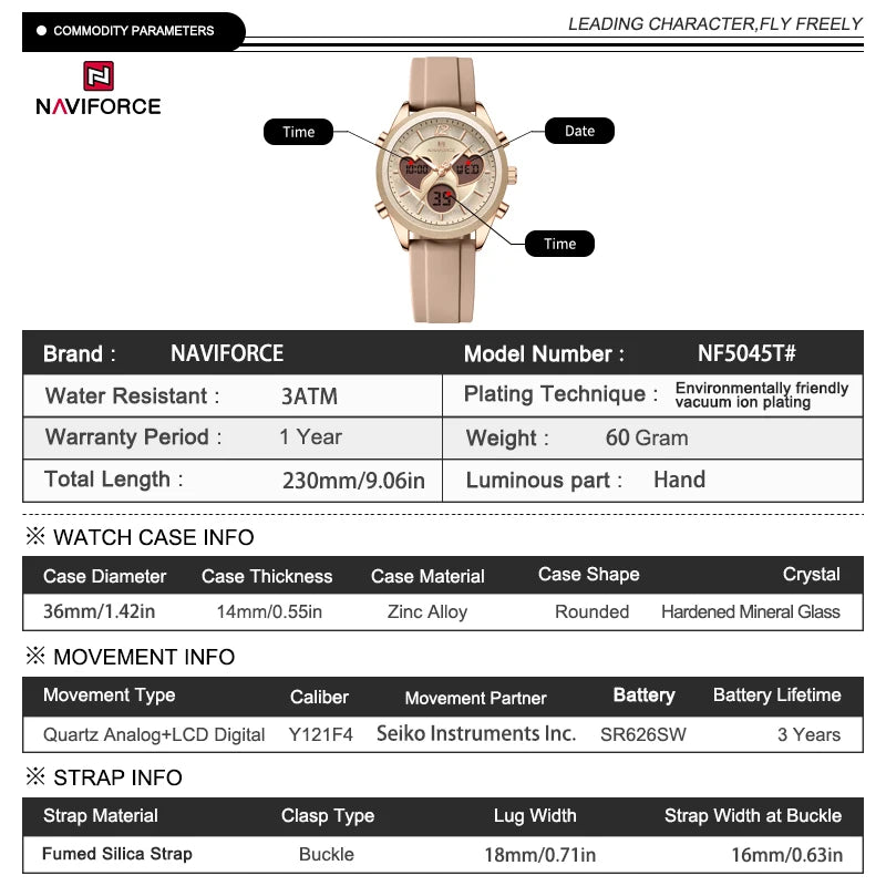NAVIFORCE Silicone Strap Watches New Dual Display Time Women's Wrist Watch Fashion SimpleWaterproof Elegant Ladies's Bracelet