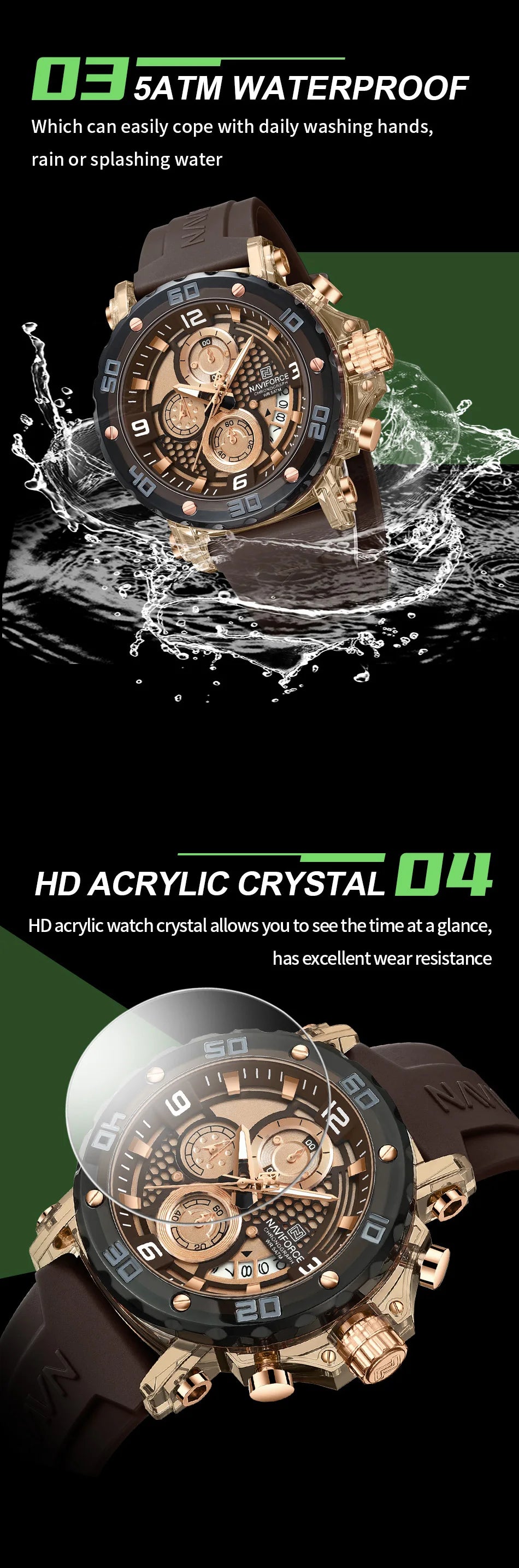 NAVIFORCE for Men Silicone Strap Luxury Fashion Quartz Watches Wrist watch Sports Chronograph 5TM Waterproof Male Watches GIfts