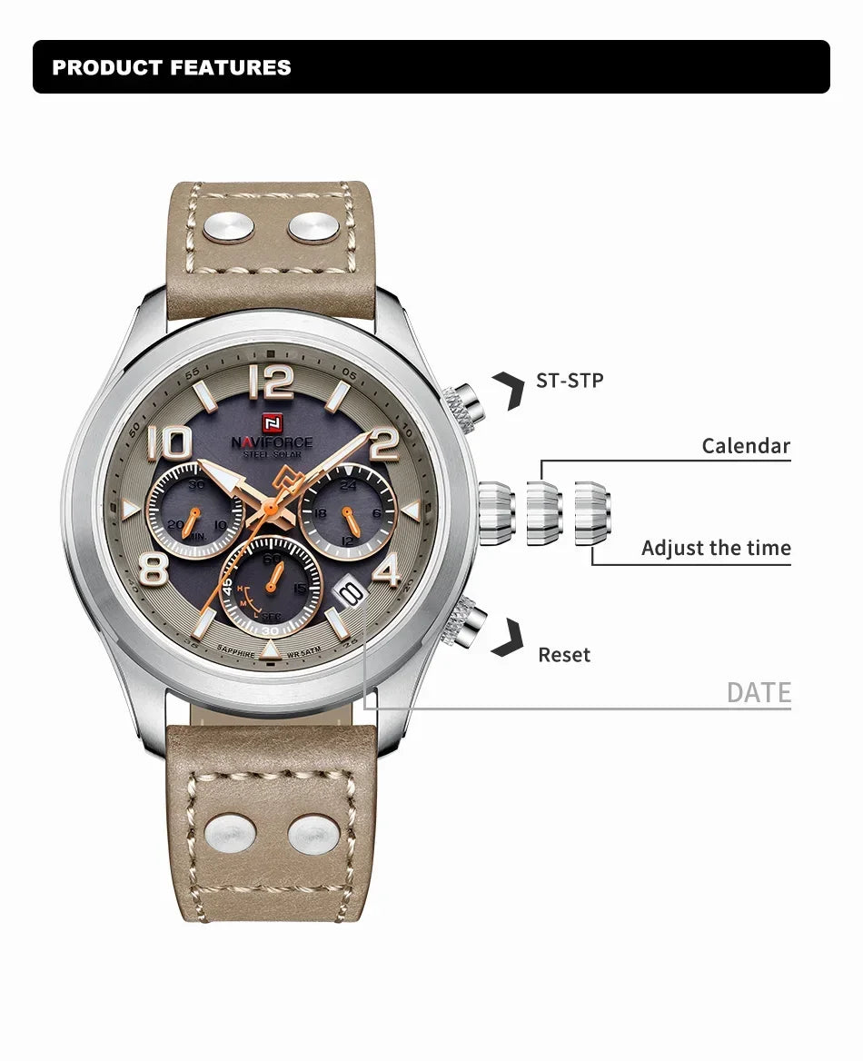 NAVIFORCE Luxury Watches for Men Eco-Drive Movement Casual Genuine Leather Strap 5ATM Waterproof Luminous Wristwatches Gift 2025