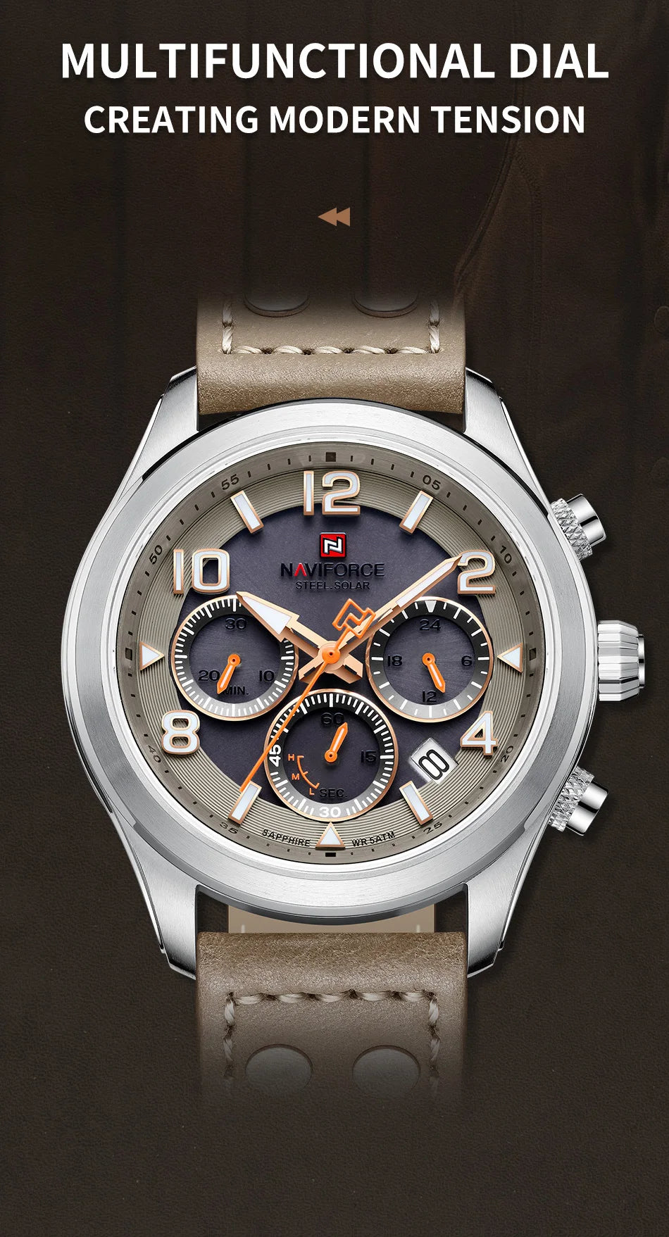 NAVIFORCE Luxury Watches for Men Eco-Drive Movement Casual Genuine Leather Strap 5ATM Waterproof Luminous Wristwatches Gift 2025