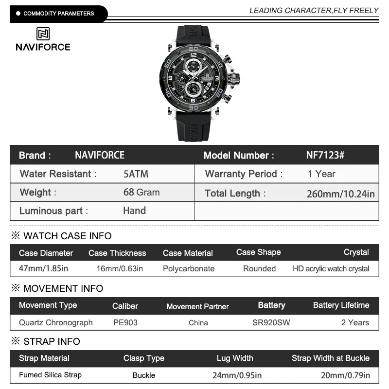 NAVIFORCE for Men Silicone Strap Luxury Fashion Quartz Watches Wrist watch Sports Chronograph 5TM Waterproof Male Watches GIfts