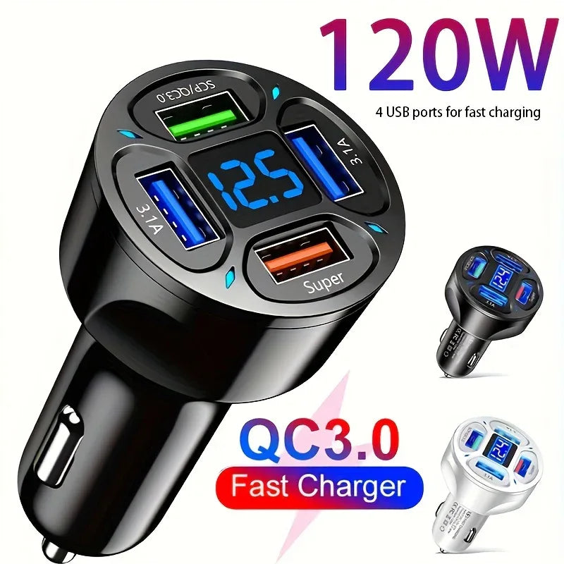 High-Speed 120W 4-in-1 Car Charger with Digital Display | Car Accessories | - Shoppix