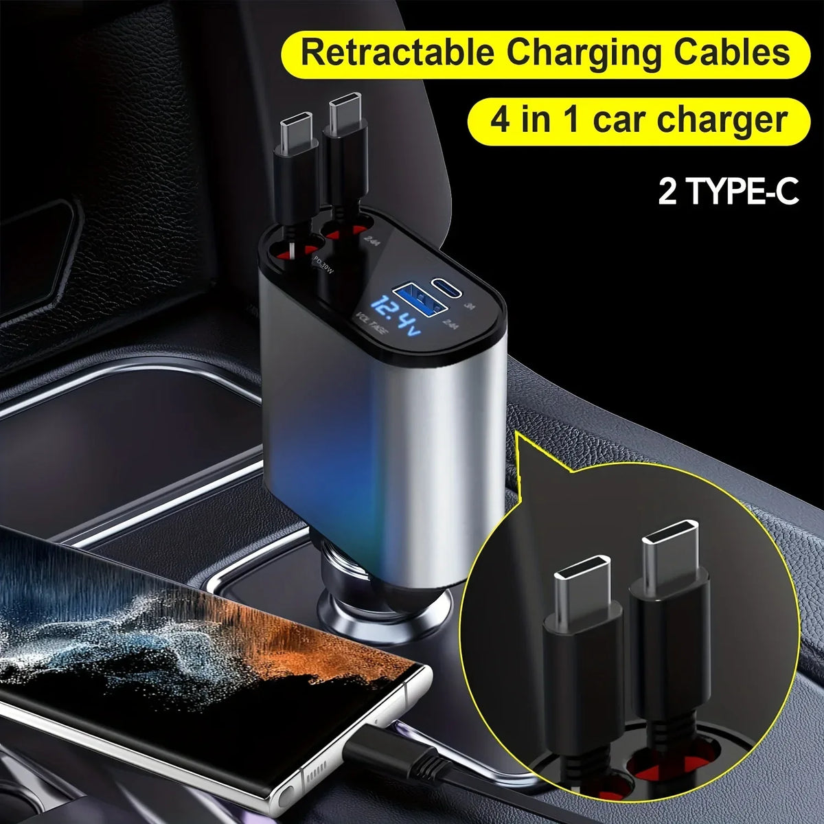 Car Charger 4 In 1 With Dual Retractable Cable Dual Port & Voltage Display | Car Accessories | - Shoppix