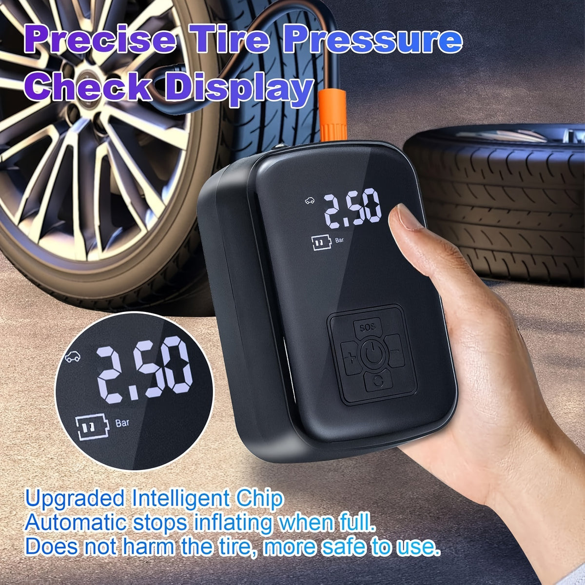 Portable Wireless Air Compressor – Rechargeable Handheld Tire Inflator with LED Light & Digital Display