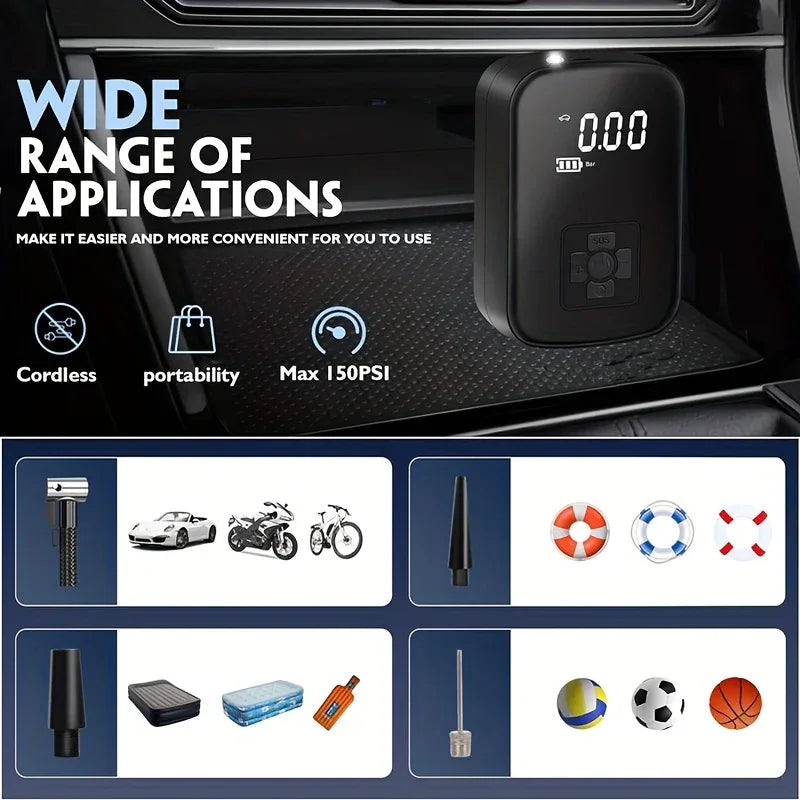 Portable Wireless Air Compressor – Rechargeable Handheld Tire Inflator with LED Light & Digital Display