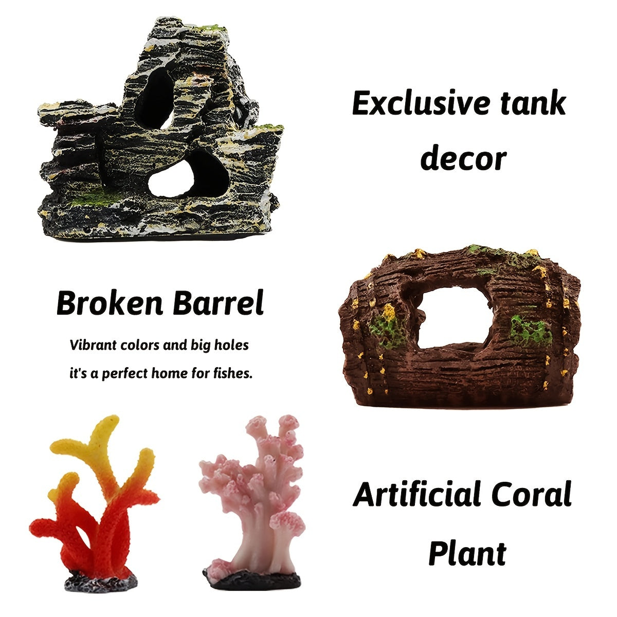 15pcs Aquarium Decoration Set – Resin Broken Barrel, Cave Rock & Plastic Plants