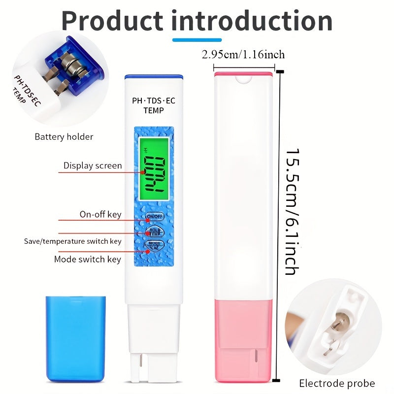 1 Stück, 4-in-1-Wasserqualitätstester, PH-Meter, EC/TDS/TEMP-Monitor, digitaler LCD-Hintergrundbeleuchtung, Pools, Trinkwasser, Aquarium, Analysegerät