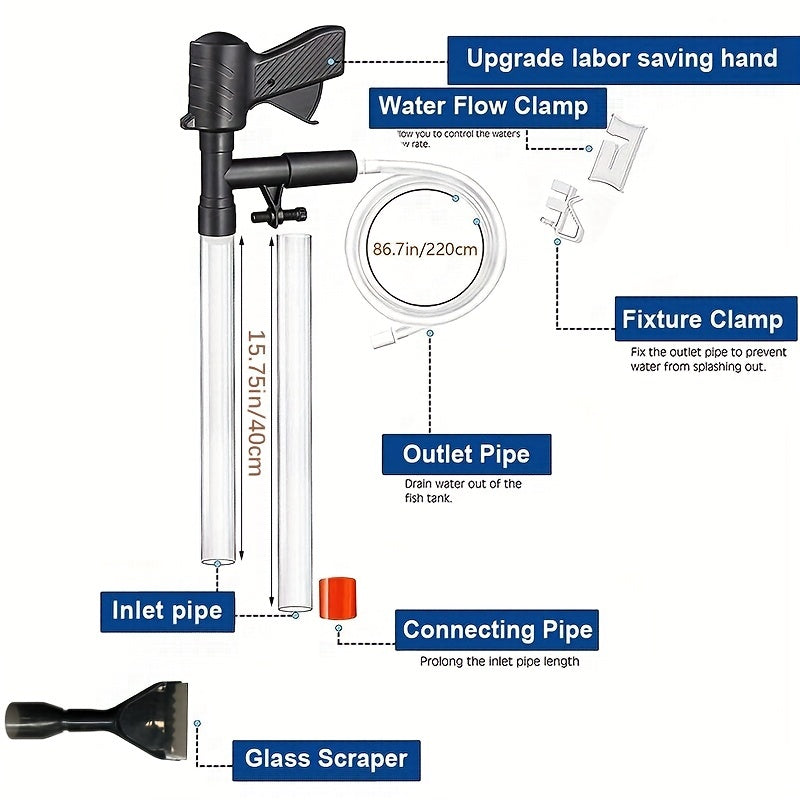 1 Stück Kiessauger für Aquarien, Kiessauger für Aquarien mit Luftdruckknopf, Glasschaber, einstellbarem Wasserdurchflussregler zum Reinigen von Aquarien und zum Wasserwechseln