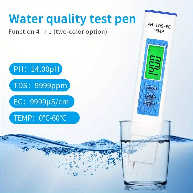 1 Stück, 4-in-1-Wasserqualitätstester, PH-Meter, EC/TDS/TEMP-Monitor, digitaler LCD-Hintergrundbeleuchtung, Pools, Trinkwasser, Aquarium, Analysegerät