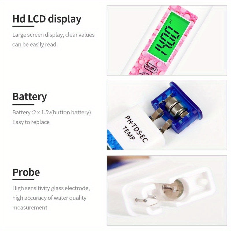 1 Stück, 4-in-1-Wasserqualitätstester, PH-Meter, EC/TDS/TEMP-Monitor, digitaler LCD-Hintergrundbeleuchtung, Pools, Trinkwasser, Aquarium, Analysegerät