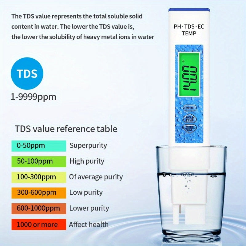 1 Stück, 4-in-1-Wasserqualitätstester, PH-Meter, EC/TDS/TEMP-Monitor, digitaler LCD-Hintergrundbeleuchtung, Pools, Trinkwasser, Aquarium, Analysegerät