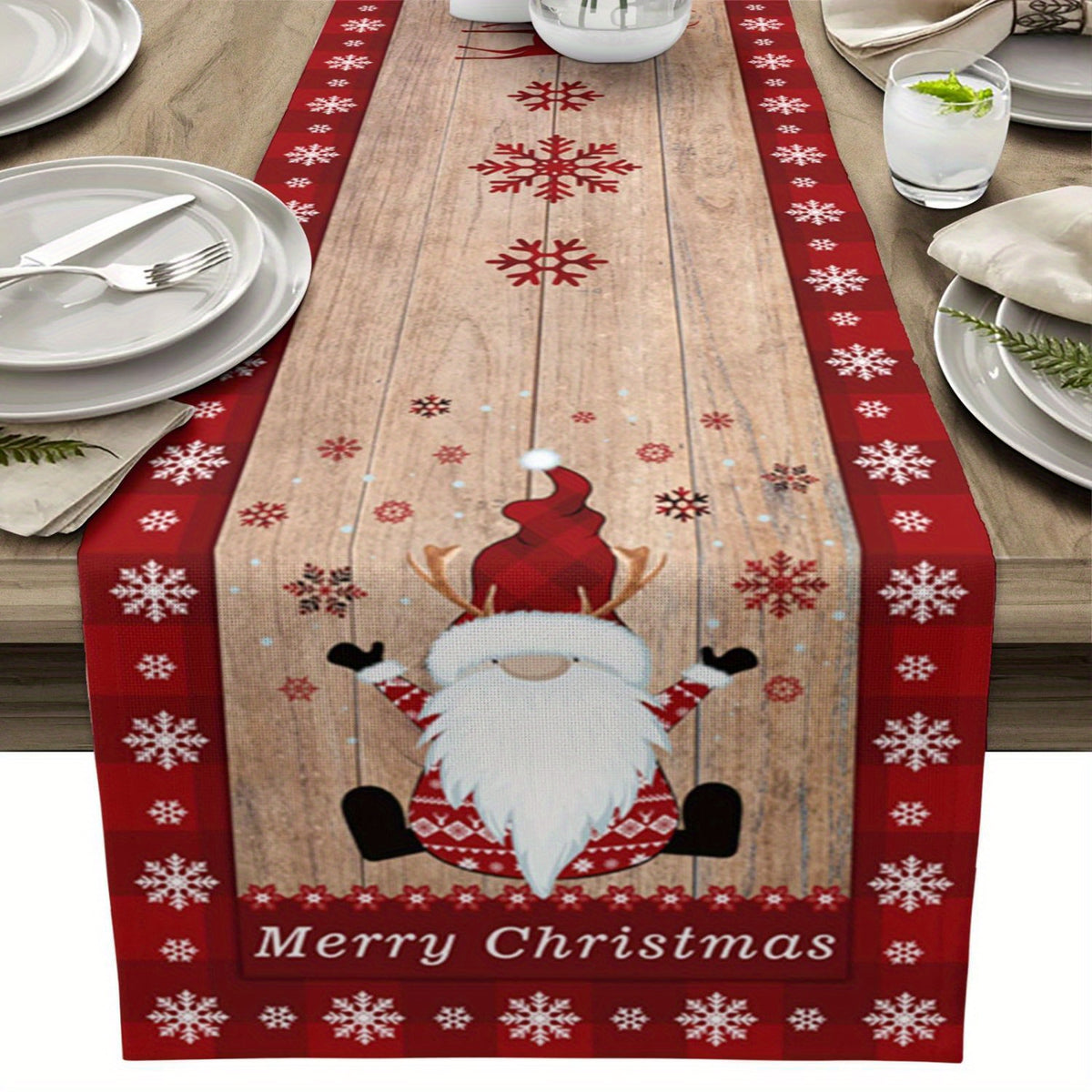 Chemin de table de Noël en fibre de polyester avec motif de Père Noël - Écharpe de table à carreaux de flocon de neige et de buffle pour dîner, décoration festive de vacances