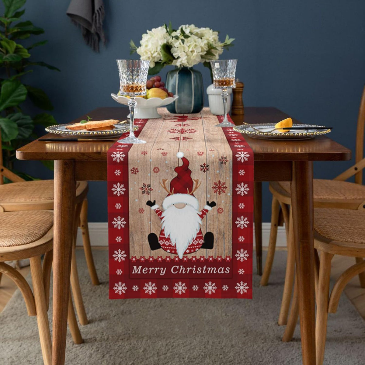 Chemin de table de Noël en fibre de polyester avec motif de Père Noël - Écharpe de table à carreaux de flocon de neige et de buffle pour dîner, décoration festive de vacances