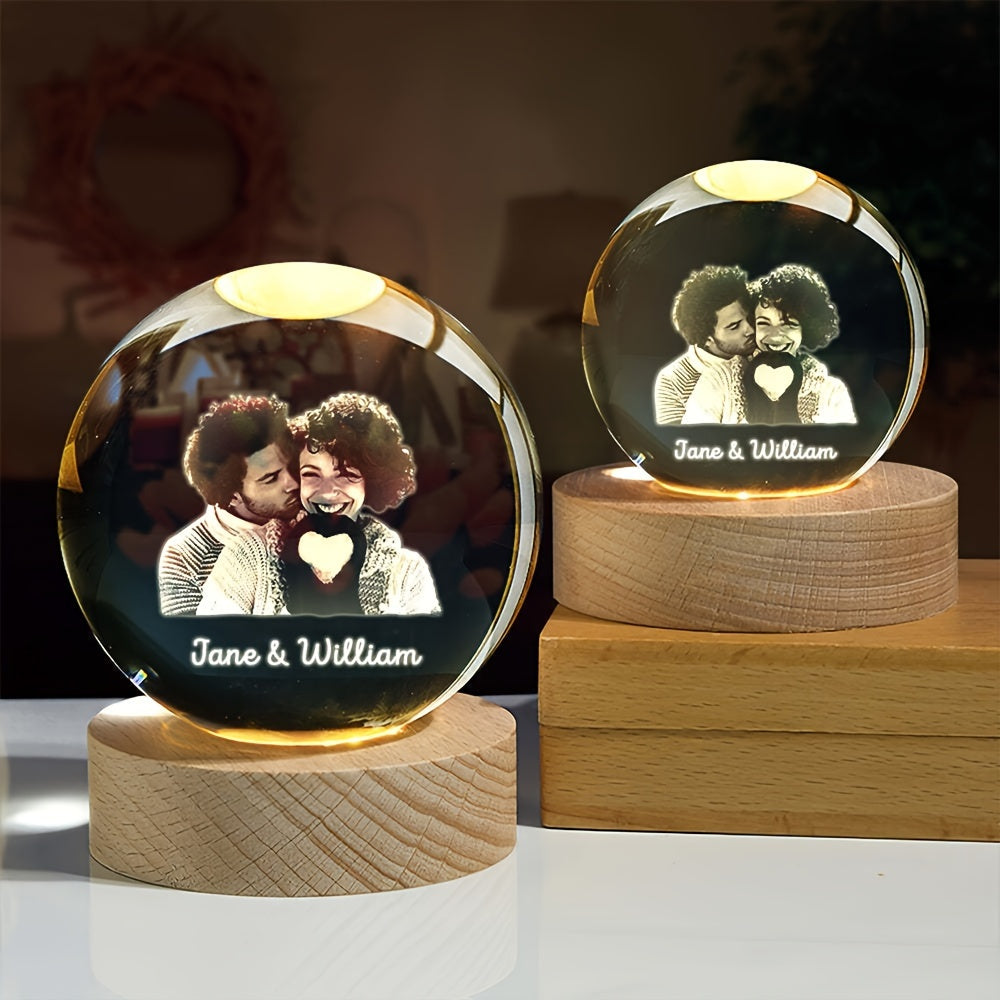 Personalisiertes LED-Nachtlicht mit Kristallkugel und individuellem Foto, USB-betrieben – Dekoration für Schlafzimmer und Büro, perfektes Geschenk für Hochzeiten, Eltern, Haustiere | Wohnaccessoires