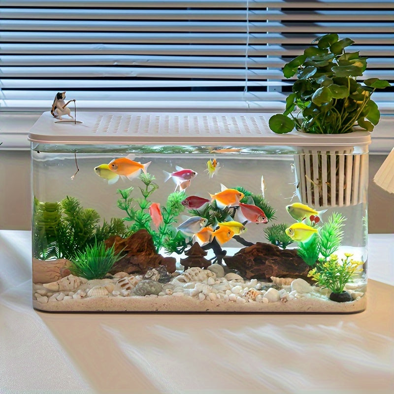 Quadratisches Aquarium mit großem Fassungsvermögen und Deckel, transparentes Aquarium, langlebiges ABS-Material, selbsterhaltendes Wasser-Ökosystem für den Schreibtisch für Kampffische, Goldfische und kleine Wasserpflanzen