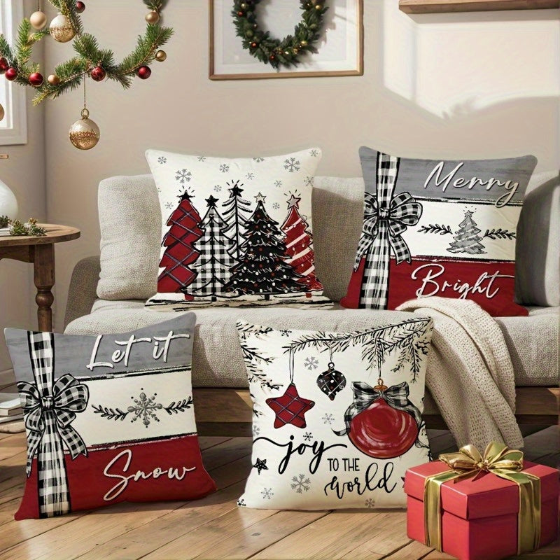 4pcs Set of Festive Christmas Tree & Bow Throw Pillow Covers - Soft Peach Skin Velvet, Zip Closure, Machine Washable - Perfect for Living Room, Bedroom, Sofa Decor