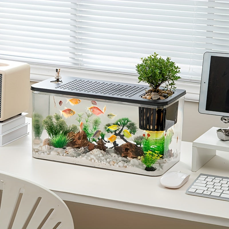 Quadratisches Aquarium mit großem Fassungsvermögen und Deckel, transparentes Aquarium, langlebiges ABS-Material, selbsterhaltendes Wasser-Ökosystem für den Schreibtisch für Kampffische, Goldfische und kleine Wasserpflanzen