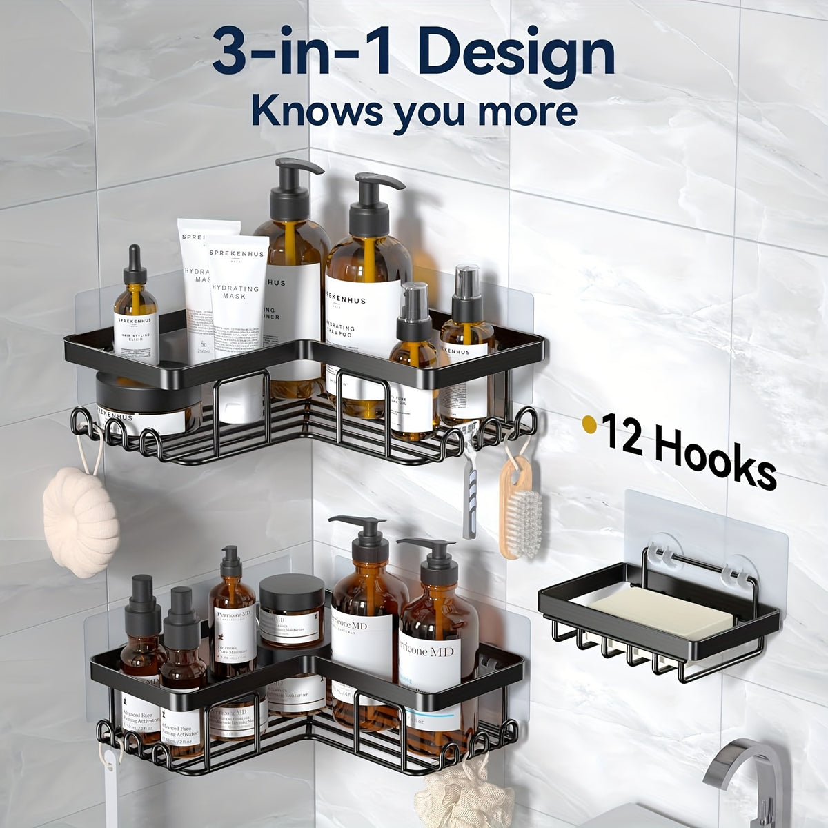 3-Pack Black Wall Mounted Shower Caddy With 8 Hooks, Corner Shower Organizer, Soap Holder, For Bathroom, Kitchen, Countertop