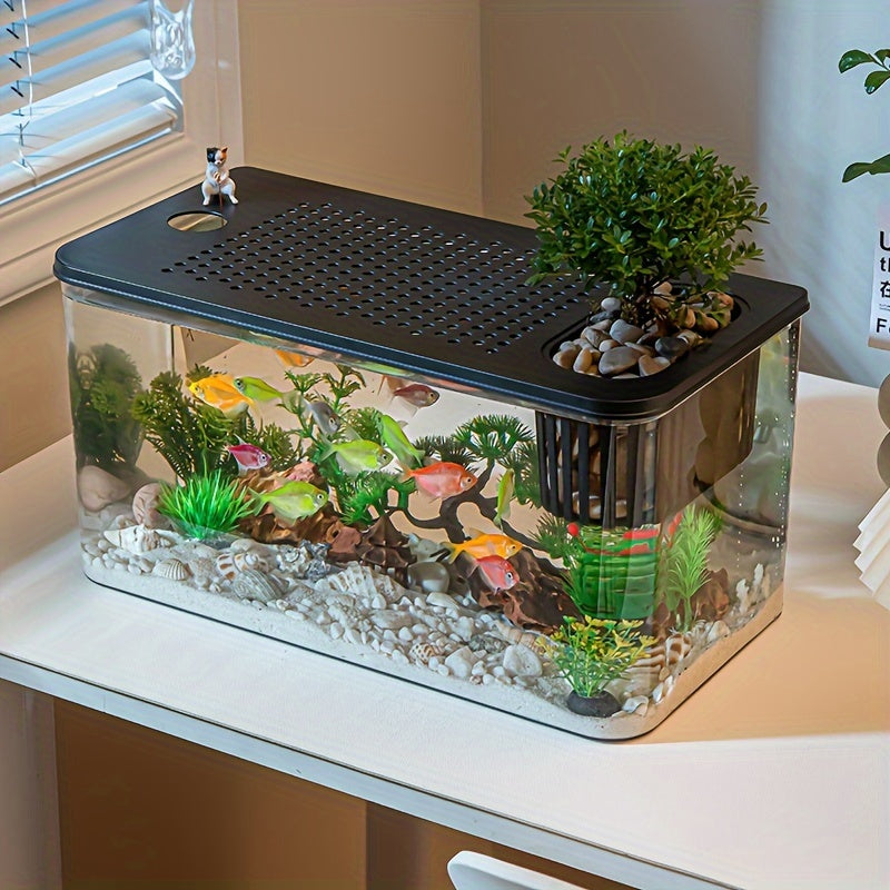 Quadratisches Aquarium mit großem Fassungsvermögen und Deckel, transparentes Aquarium, langlebiges ABS-Material, selbsterhaltendes Wasser-Ökosystem für den Schreibtisch für Kampffische, Goldfische und kleine Wasserpflanzen