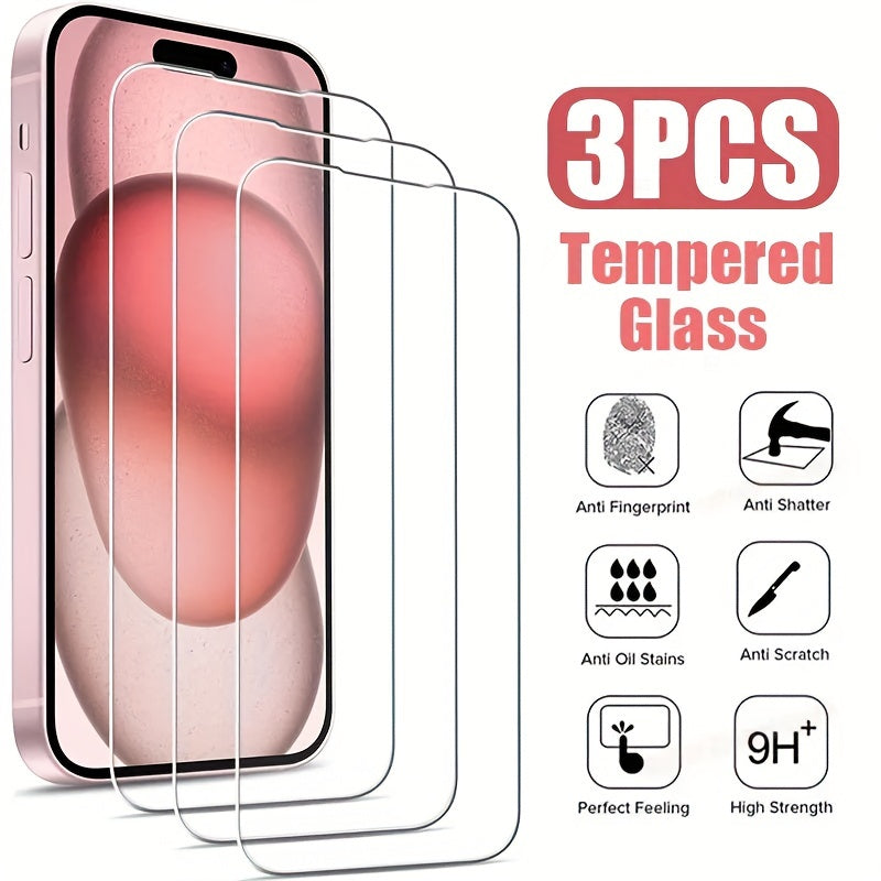 3 hochauflösende Displayschutzfolien aus gehärtetem Glas für iPhone 11, 12, 13, 14, 15, 16 Pro Max, 14, 15, 16 Plus