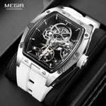 MEGIR Men's Automatic Mechanical Watch with Stainless Steel Case Silicone Band Skeleton Dial Waterproof Sport Wristwatch