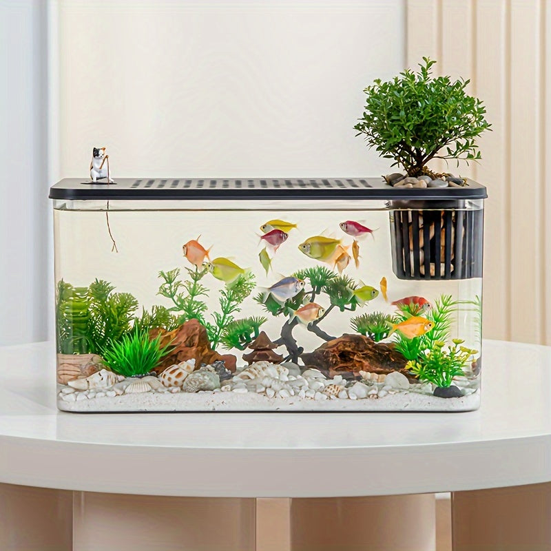 Quadratisches Aquarium mit großem Fassungsvermögen und Deckel, transparentes Aquarium, langlebiges ABS-Material, selbsterhaltendes Wasser-Ökosystem für den Schreibtisch für Kampffische, Goldfische und kleine Wasserpflanzen